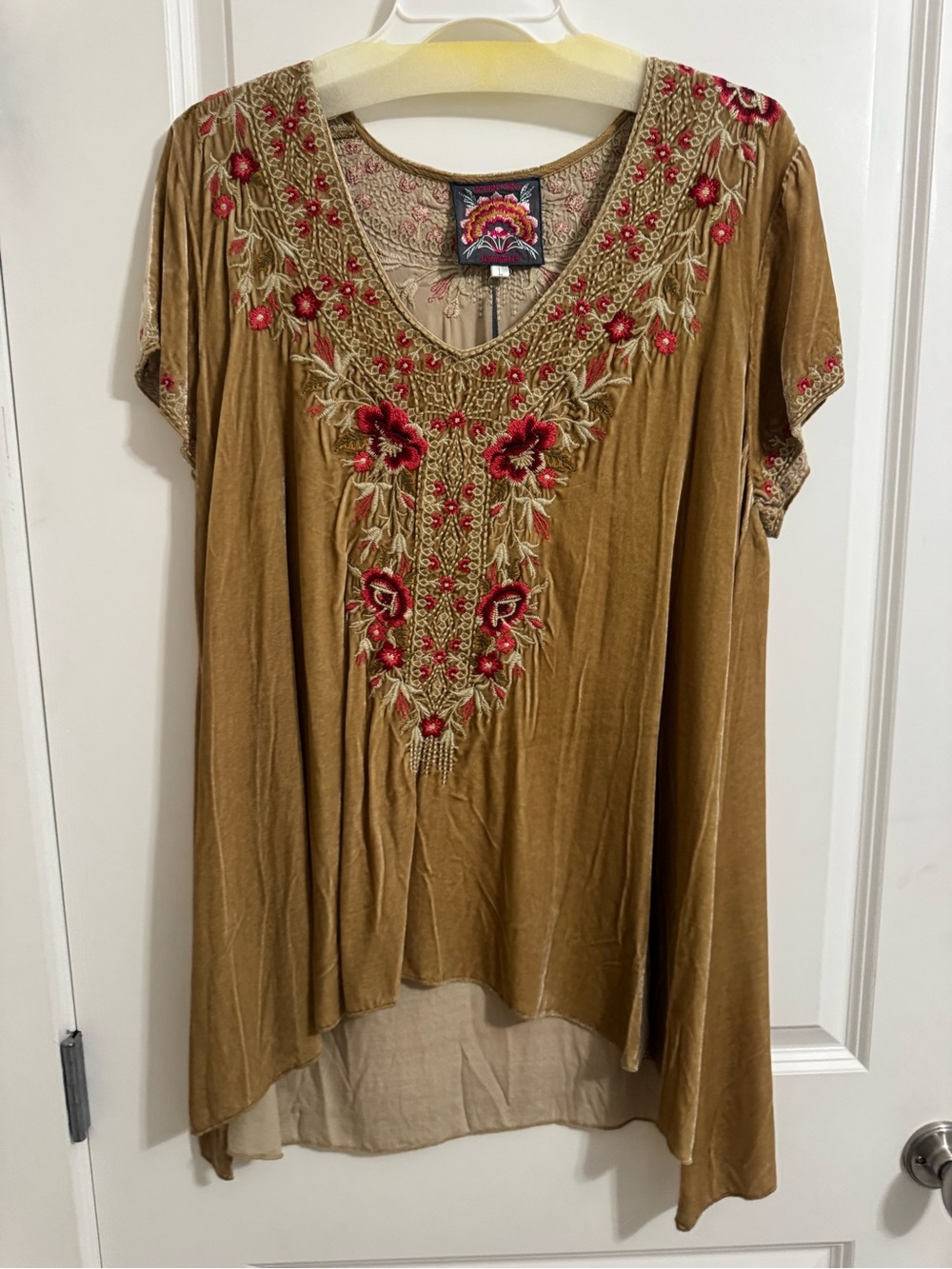Johnny Was Mustard Tunic with Red Floral Embroidery